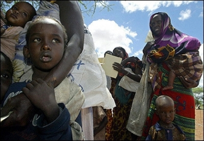 Famine victims await food supply at a distribution centre in Wajir, in Kenya's drought ravaged northeastern province. Drought has put more than 11 million people across east Africa at risk of starvation, 3.5 million of them in Kenya, where recent heavy ra