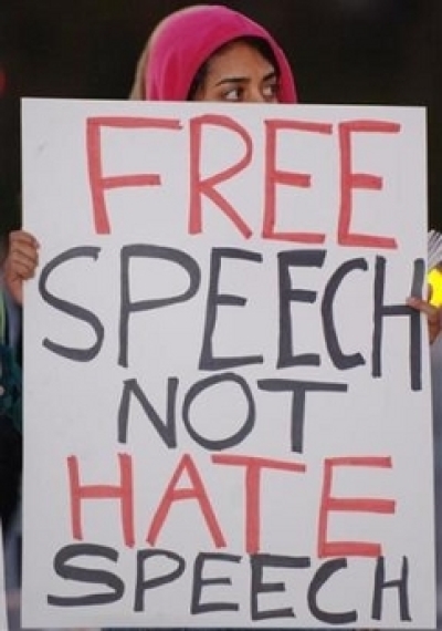 A protester against the discussion session and unveiling of the controversial Danish cartoons depicting the Islamic prophet Mohammad is seen Tuesday, Feb. 28, 2006, in Irvine, Calif. Dozens of Muslim students and supporters protested Tuesday at the Univer