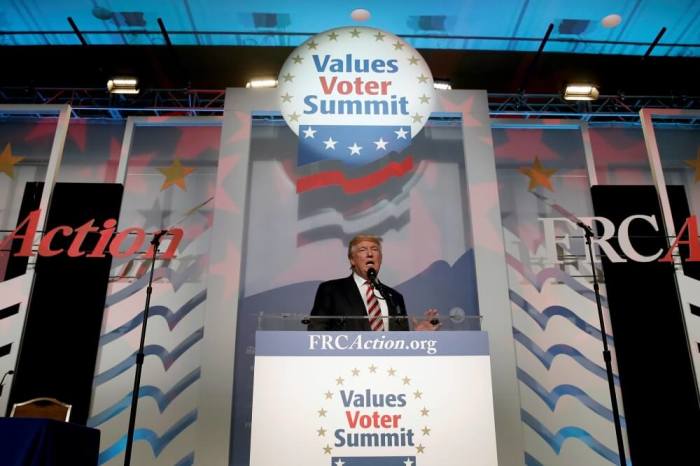 U.S. Republican presidential nominee Donald Trump speaks at the Values Voter Summit in Washington, D.C., U.S., September 9, 2016.