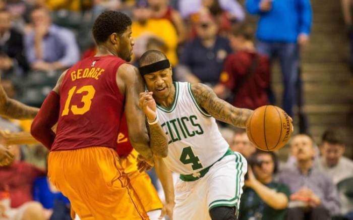 Pacers SF Paul George guarding Celtics PG Isaiah Thomas.