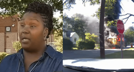 Renita Smith, a school bus driver with the Prince George's County Public Schools in Maryland (L) saved 20 children from a burning school bus (R) on Monday September 12, 2016.