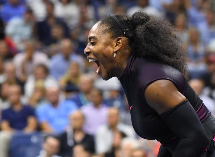 Sept 8, 2016; New York, NY, USA; Serena Williams of the USA reacts after winning a game in the second set against Karolina Pliskova of the Czech Republic on day eleven of the 2016 U.S. Open tennis tournament at USTA Billie Jean King National Tennis Center.