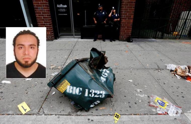 A view of a mangled dumpster at the site of an explosion that occurred on Saturday night in the Chelsea neighborhood of New York. Ahmad Khan Rahami, 28 (inset).