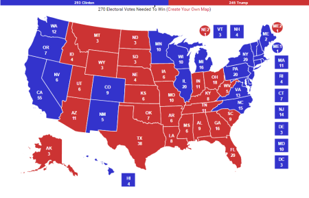 Real Clear Politics 'no toss-up' map predicting the results of 2016 presidential election. Accessed September 19, 2016.