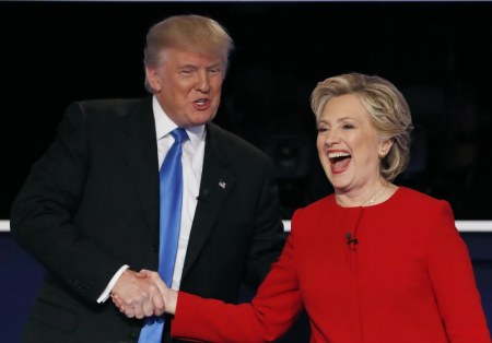 Republican U.S. presidential nominee Donald Trump shakes hands with Democratic U.S. presidential nominee Hillary Clinton at the conclusion of their first presidential debate at Hofstra University in Hempstead, New York, U.S., September 26, 2016.