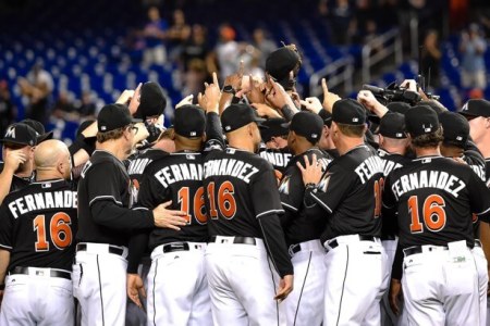 Miami Marlins tribute for Jose Fernandez, who died in a boating incident on September 24, 2016, in Miami.