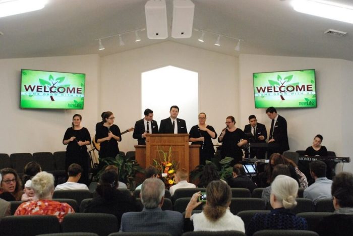 The interior of New Life Church of Cumberland, Indiana.