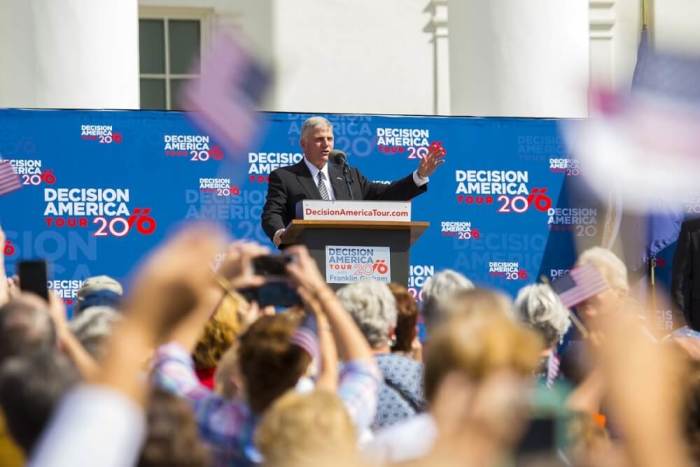 The Reverend Franklin Graham, president of the Billy Graham Evangelistic Association and Samaritan's Purse, giving remarks at the Decision America event held in Richmond, Virginia on Wednesday, October 12, 2016.