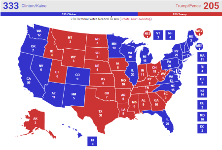 The Real Clear Politics 'no toss-ups' election map, accessed Thursday, October 20, 2016.