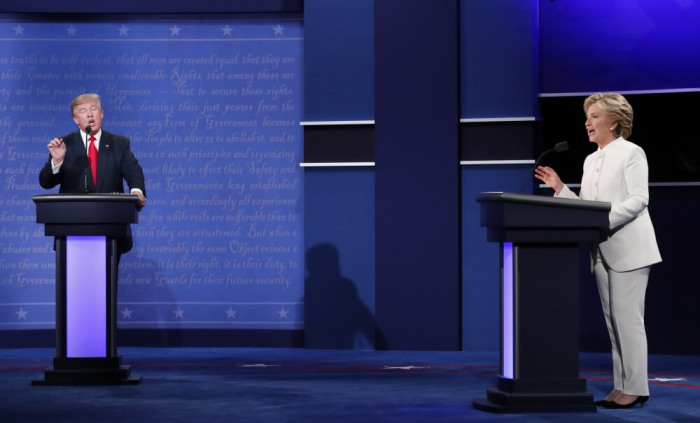 Republican U.S. presidential nominee Donald Trump and Democratic nominee Hillary Clinton speak at the same time as they discuss an issue during their third and final 2016 presidential campaign debate at UNLV in Las Vegas, Nevada, U.S., October 19, 2016.