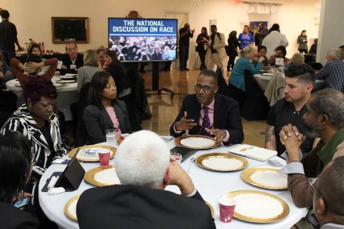 Bishop Claude Alexander, senior pastor, The Park Church, Charlotte, North Carolina leads a discussion on race at the 'National Discussion on Race' Conference convened by Movement Day Global Cities at Bethel Gospel Assembly in New York City, New York on Monday October 24, 2016.