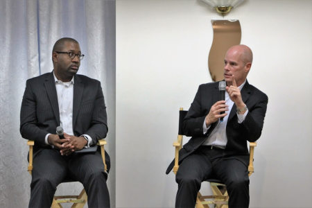 Bryan Carter, senior pastor of Concord Church Dallas in Dallas, Texas (L) and Jeff Warren (R), senior pastor of Park Cities Baptist Church also in Dallas, Texas, speak at the 'National Discussion on Race' at the Bethel Gospel Assembly in New York City on Monday October 24, 2016.