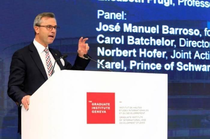 Norbert Hofer, Joint Acting President of Austria and Third President of the National Council, speaks during a panel discussion on ''Can Europe's politicians solve its migration crisis?'' at Geneva's graduate institute, in Geneva, Switzerland, October 20, 2016.