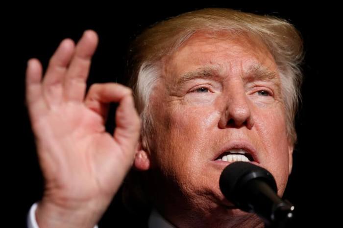 Republican presidential nominee Donald Trump appears at a campaign event in Geneva, Ohio, U.S., October 27 2016.