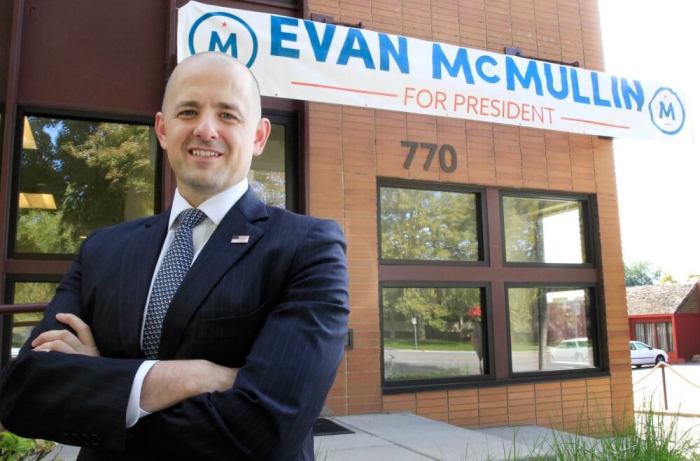 Third party candidate Evan McMullin, an independent, poses for a picture outside his campaign offices in Salt Lake City, Utah, October 12, 2016.