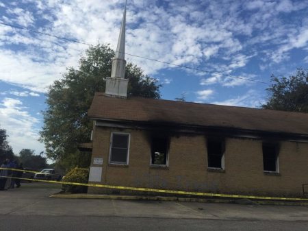 Hopewell Baptist Church is damaged by fire and graffiti in Greenville, Mississippi, U.S., November 2, 2016.