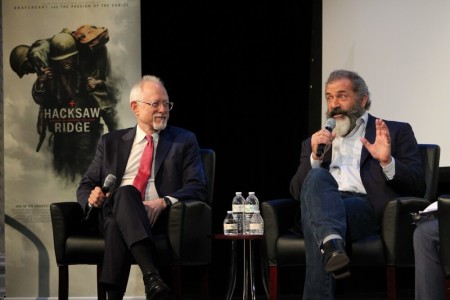 Pulitzer Prize winning screenwriter Robert Schenkkan (L) and actor-director Mel Gibson (R) discuss their new film, 'Hacksaw Ridge' at The Sheen Center in New York City on Wednesday November 2, 2016.