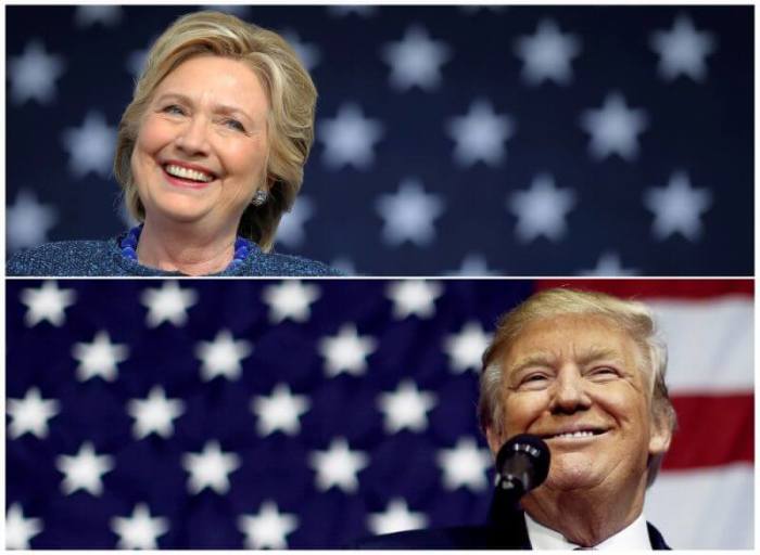 U.S. presidential nominees Hillary Clinton (top) and Donald Trump speak at campaign rallies in Cedar Rapids, Iowa, U.S. October 28, 2016 and Delaware, Ohio October 20, 2016 in a combination of file photos.