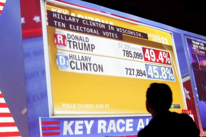 A man watches a broadcast of the U.S. presidential race between Democratic nominee Hillary Clinton and Republican nominee Donald Trump in a restaurant in Mexico City, Mexico, November 8, 2016.