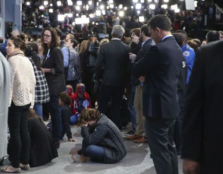 Supporters of Democratic U.S. presidential nominee Hillary Clinton react as they watch election returns at the election night rally in New York, November 9, 2016.