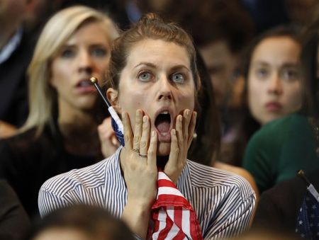 Supporters of U.S. Democratic presidential nominee Hillary Clinton react at her election night rally in Manhattan, New York, November 8, 2016.