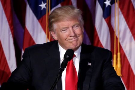 U.S. President-elect Donald Trump speaks at election night rally in Manhattan, New York, November 9, 2016.