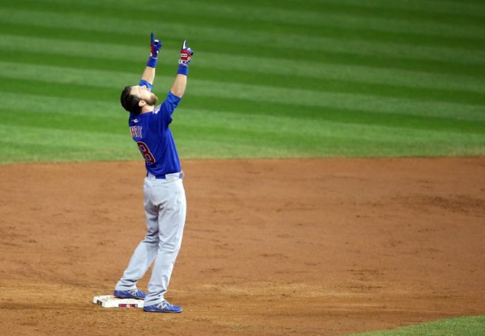 Chicago Cubs outfielder Ben Zobrist celebrates after hitting a RBI double against the Cleveland Indians in the 10th inning in game seven of the 2016 World Series at Progressive Field in Cleveland, Ohio on Nov. 3, 2016.