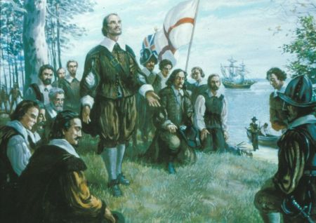 Thanksgiving service held at Berkeley Plantation, Virginia in 1619, as depicted by painter Sidney King.