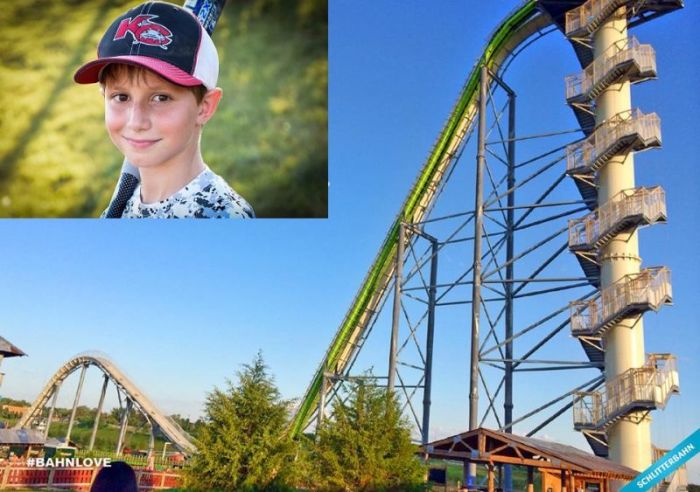 The Schlitterbahn Kansas City water park where Caleb Schwab, 10 (inset) was killed on the Verrückt slide (pictured) in August 2016.