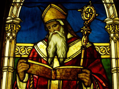 Saint Augustine of Hippo, as depicted in a Tiffany stained-glass window at the Lightner Museum, St. Augustine, Florida.