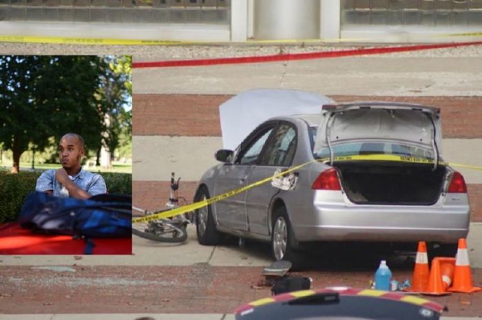 A car which police say was used by an attacker to plow into a group of students is seen outside Watts Hall on Ohio State University's campus in Columbus, Ohio. Abdul Razak Artan sits pensively on the Oval (Inset).