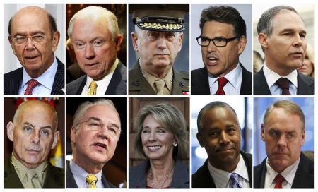 U.S. president elect Donald Trump's appointees are seen in this combination image. Top (L-R) Wilbur Ross, appointed Commerce Secretary, Jeff Sessions, appointed U.S. Attorney General, James Mattis, appointed Defense Secretary, Rick Perry, appointed Energy Secretary, Scott Pruitt, appointed Environmental Protection Agency Administrator. Bottom (L-R) John F. Kelly, appponted Department of Homeland Security Secretary, Tom Price, Health and Human Services Secretary, Betsy DeVos, appointed Education Secretary, Ben Carson, appointed Housing and Urban development Secretary, Ryan Zinke, appointed Interior Secretary.