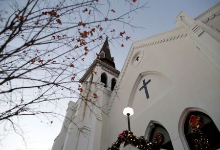 Christmas decorations and a small tree frame the Mother Emanuel AME Church after the federal trial of Dylann Roof who was found guilty of 33 counts including hate crimes in Charleston, South Carolina, December 15, 2016.