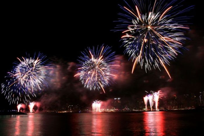 Fireworks over the Manhattan Skyline in NYC on July 4, 2009