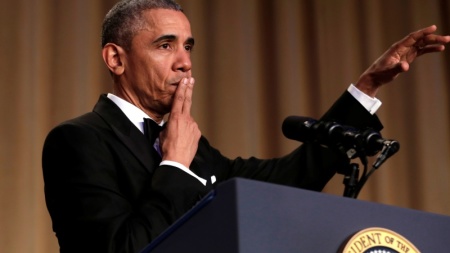 President Obama drops the microphone after his address at the White House Correspondents' Association annual dinner on April 30, 2016 at the Washington Hilton.