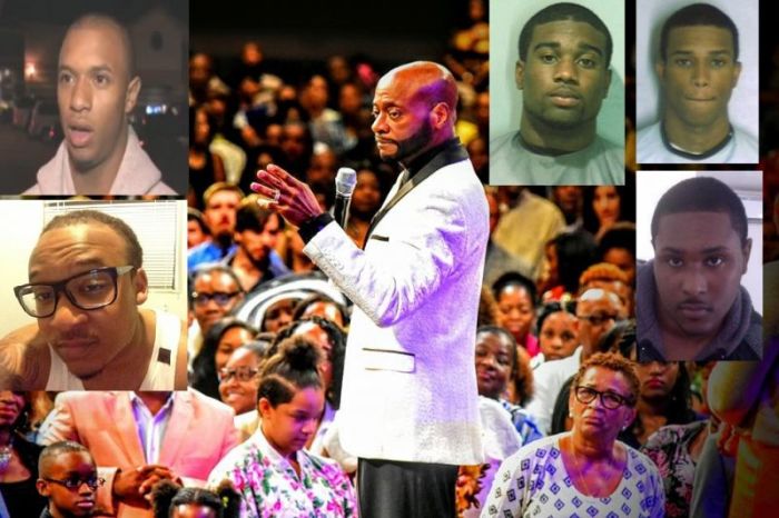 The late Bishop Eddie Long of New Birth Missionary Baptist Church in Lithonia, Georgia (C), and three of five young men who accused him of sexual misconduct Maurice Robinson(top-L inset), Spencer LeGrande (bottom-L inset) , Anthony Flagg (2nd top R-inset), Maurice Robinson(1st top-R inset) and Centino Kemp (bottom R-inset).