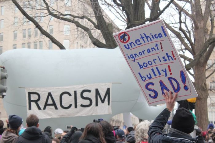 Thousands of protesters march down I Street in Washington, D.C. following the inauguration of President Donald Trump on January 20, 2017.