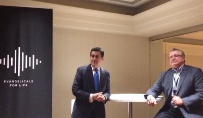 Ethics and Religious Liberty Commission President Russell Moore (center) and Focus on the Family President Jim Daly (right) speak with press at the at the Evangelicals for Life conference in Washington, D.C., January 27, 2016.