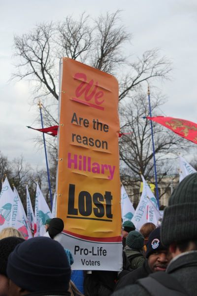 A participant in the 2017 March for Life holds up a pro-life sign in Washington, D.C. on Jan. 27, 2017.