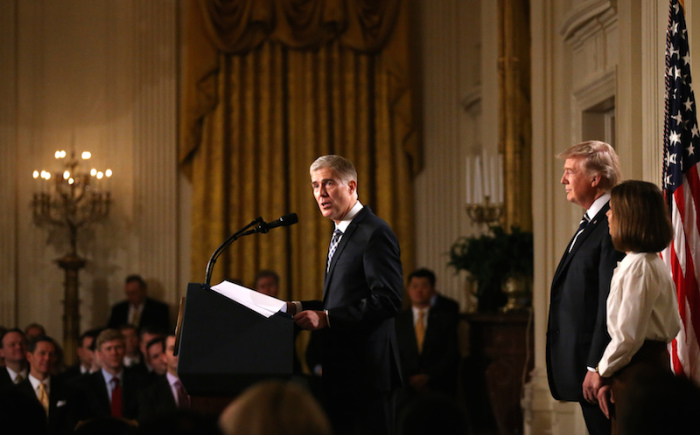 Judge Neil Gorsuch (L) speaks as U.S. President Donald Trump stands with Gorsuch's wife Louise (R) after President Trump nominated Gorsuch to be an associate justice of the U.S. Supreme Court at the White House in Washington, D.C., U.S., January 31, 2017.