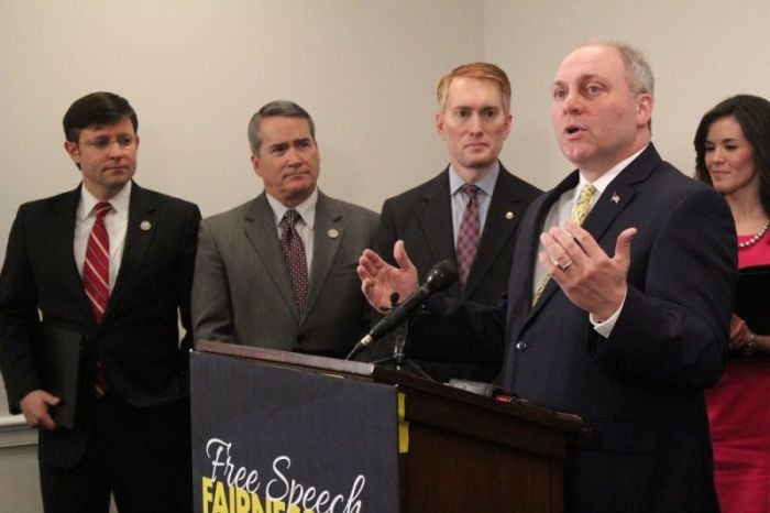 House Majority Whip Steve Scalise of Louisiana speaks at a press conference introducing the Free Speech Fairness Act in the United States Capitol on Feb. 1, 2017.