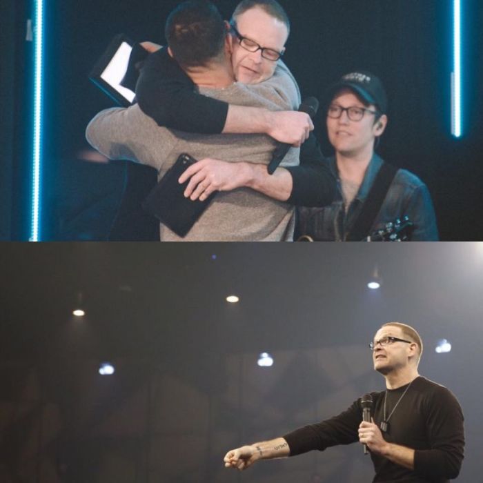 Perry Noble returns to the pulpit at Elevation Church in North Carolina. (At top) Noble embraces Elevation Church pastor, Steven Furtick. (At bottom) Noble preaches.