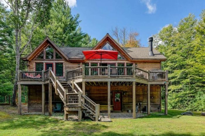 Outside the luxurious lodge at 391 Woodstone Trail in Bethel, New York that you can win with a 200-word essay.