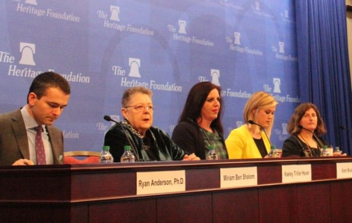 Ryan Anderson, Miriam Ben Shalom, Kaeley Triller Haver, Kami Mueller, and Mary Lou Singleton speak at the 'Biology Isn't Bigotry: Why Sex Matters in the Age of Gender Identity' panel the Heritage Foundation in Washington, D.C., February 16, 2017.