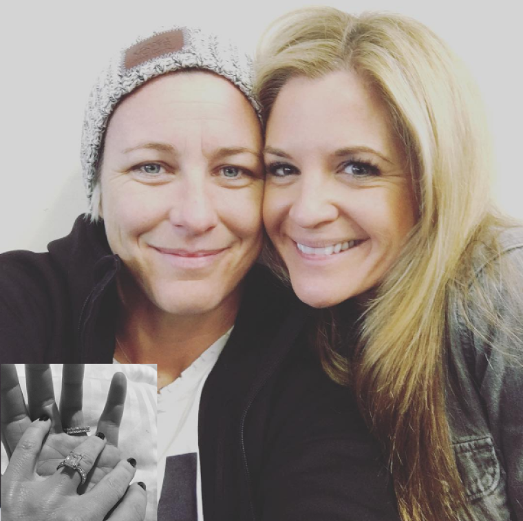 Retired female soccer star, Abby Wambach (L) and Christian blogger mom and author Glennon Doyle Melton (R) announced their engagement (inset) on Saturday.