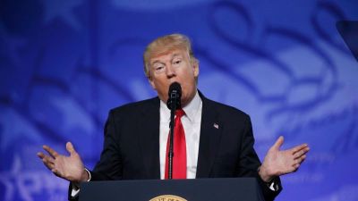 U.S. President Donald Trump addresses the American Conservative Union's annual Conservative Political Action Conference (CPAC) in National Harbor, Maryland. U.S., February 24, 2017.