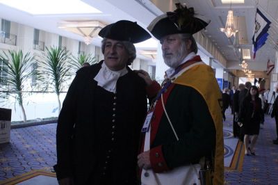 James Manship (L) and William Temple (R) dress up as George Washington and Button Gwinnett at the Conservative Political Action Conference held at the Gaylord National Resort and Convention Center in Oxon Hill, Maryland on Feb. 25, 2017.