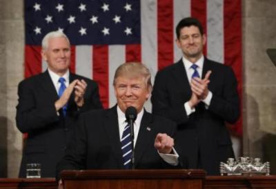 U.S. President Donald Trump delivers his first address as the president of the United States.