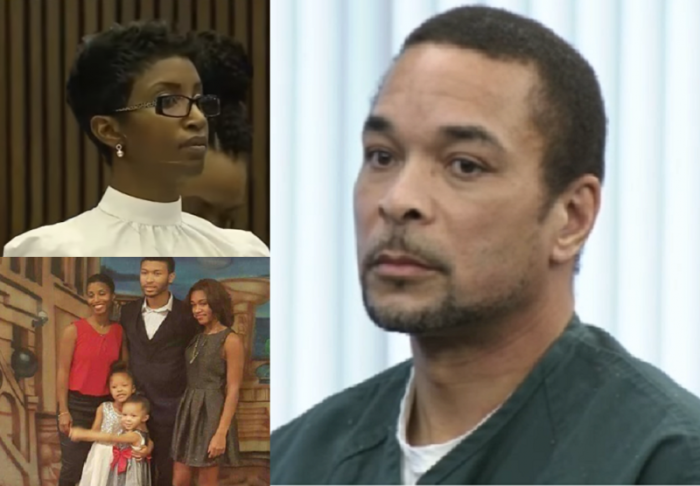 Gregory Green, 50 (R) was sentenced to served least 47 years in prison on March 1, 2017 for the murder of his two young daughters and two teenage stepchildren. His wife Faith (top L), 39, told him during the sentencing to 'burn in hell.' At bottom left is a photo of faith and her murdered children Koi, 5, Kaleigh, 4, Chadney Allen, 19, and Kara Allen, 17.