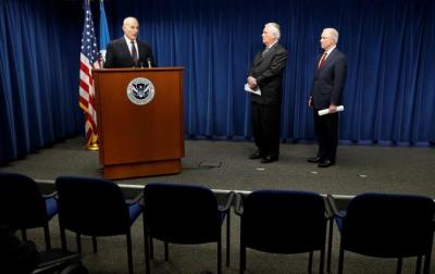 Homeland Security Secretary John Kelly (L), Secretary of State Rex Tillerson (C) and Attorney General Jeff Sessions (R), deliver remarks on issues related to visas and travel after U.S. President Donald Trump signed a new travel ban order in Washington, U.S., March 6, 2017.